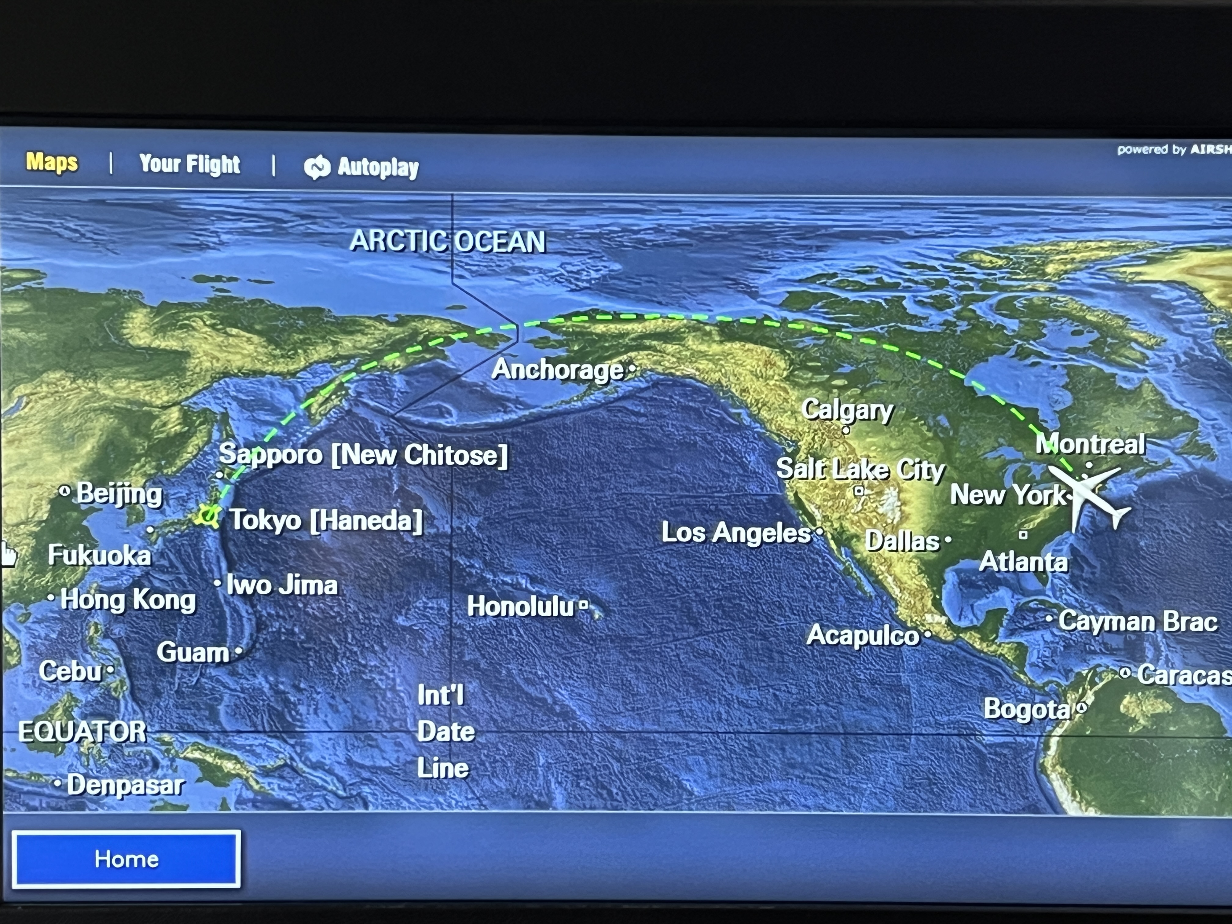 Flight map of Japan Airlines flight from New York to Tokyo Japan.